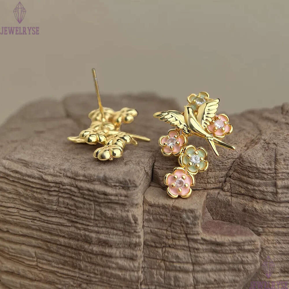 original vintage 18k gold bird flower stud designer earring for woman party travel charm earrings women ear clip jewelry S925 silver needle womens fam