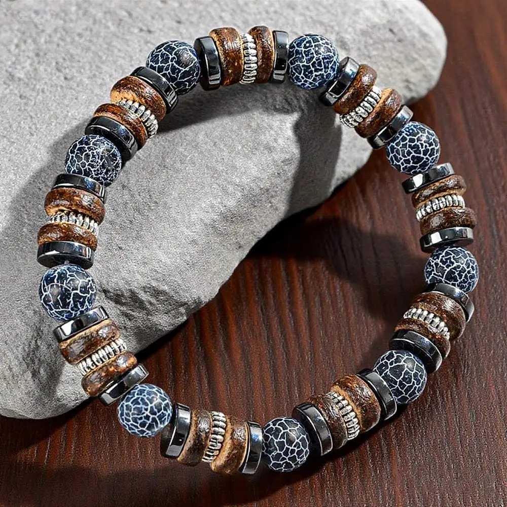 1pc Mens Bead Bracelet Designed with Wooden Volcanic Stone and Metal Beads Elastic Bracelet Suitable for Daily Wear W251206