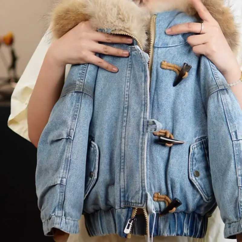 Childrens Cotton Jacket Winter New Boys and Girls Deinm Down Cotton Hooded Jacket Big Wool Collar Casual Cotton Coat ParkasW251206