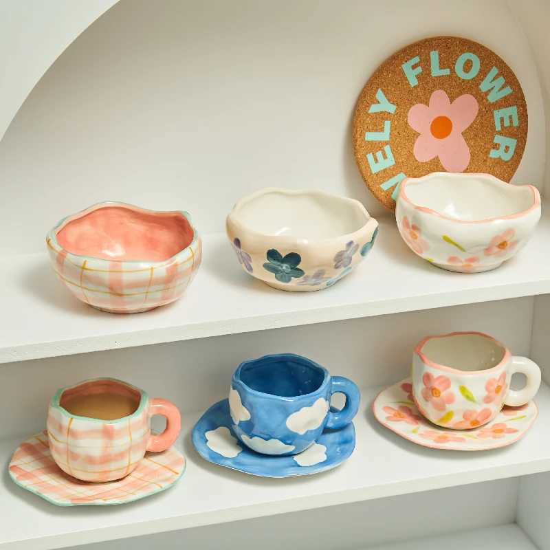 Korean Style Coffee Mug Irregular Hand-painted Flowers Mug Breakfast Milk Cup Ceramic Coffee Cup Ceramic Mugs M251206 - view 3