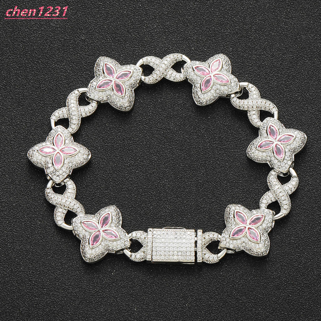 BES Hip Hop Fashion Pink Clover Bracelet for Men and Women Trendy MoissaniteJewelry for Parties