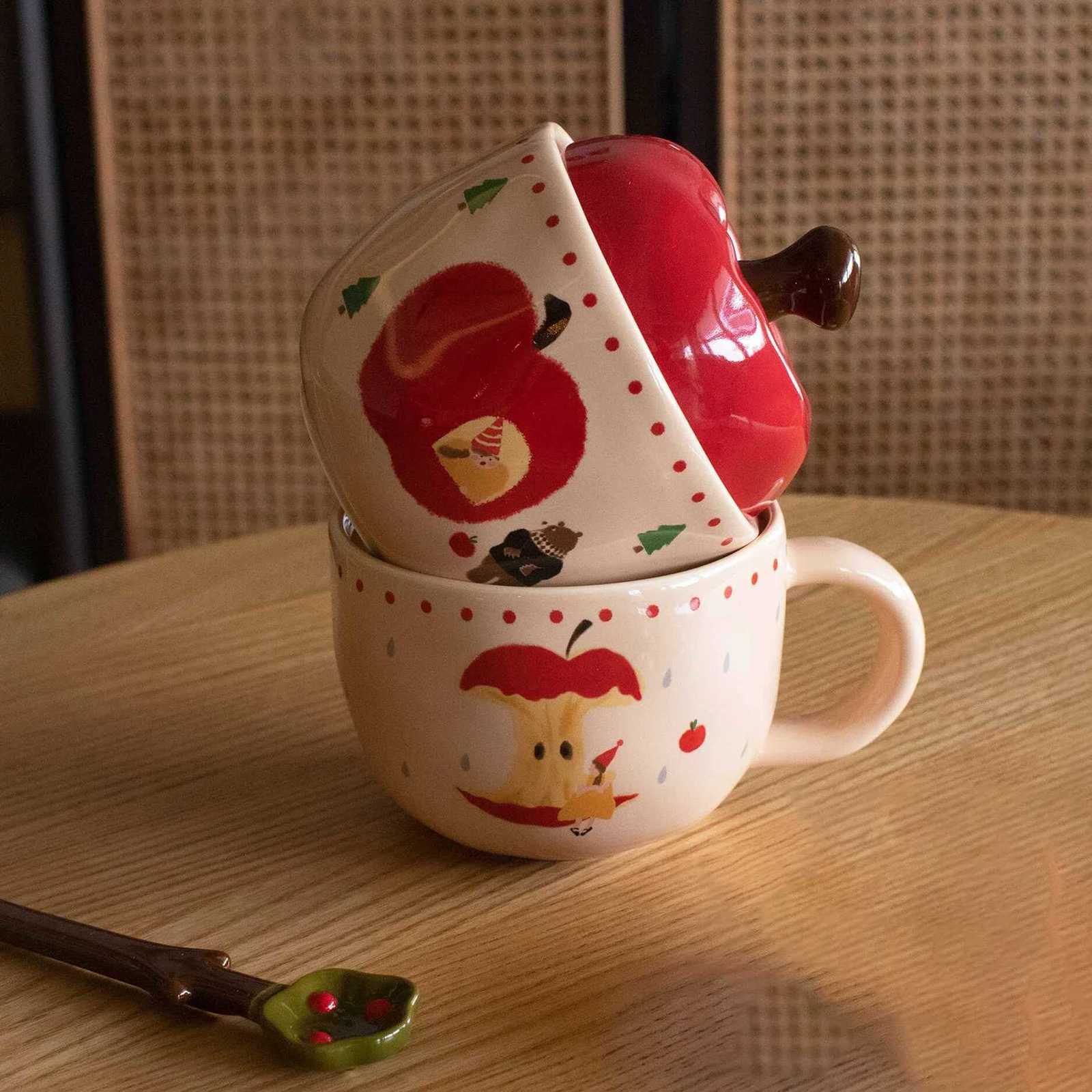 Christmas Apple Ceramic Cup Milk Fufu Couple Water Cup Girls Mug with Lid Spoon Coffee Cup Breakfast Cup Gift M251206 - view 5
