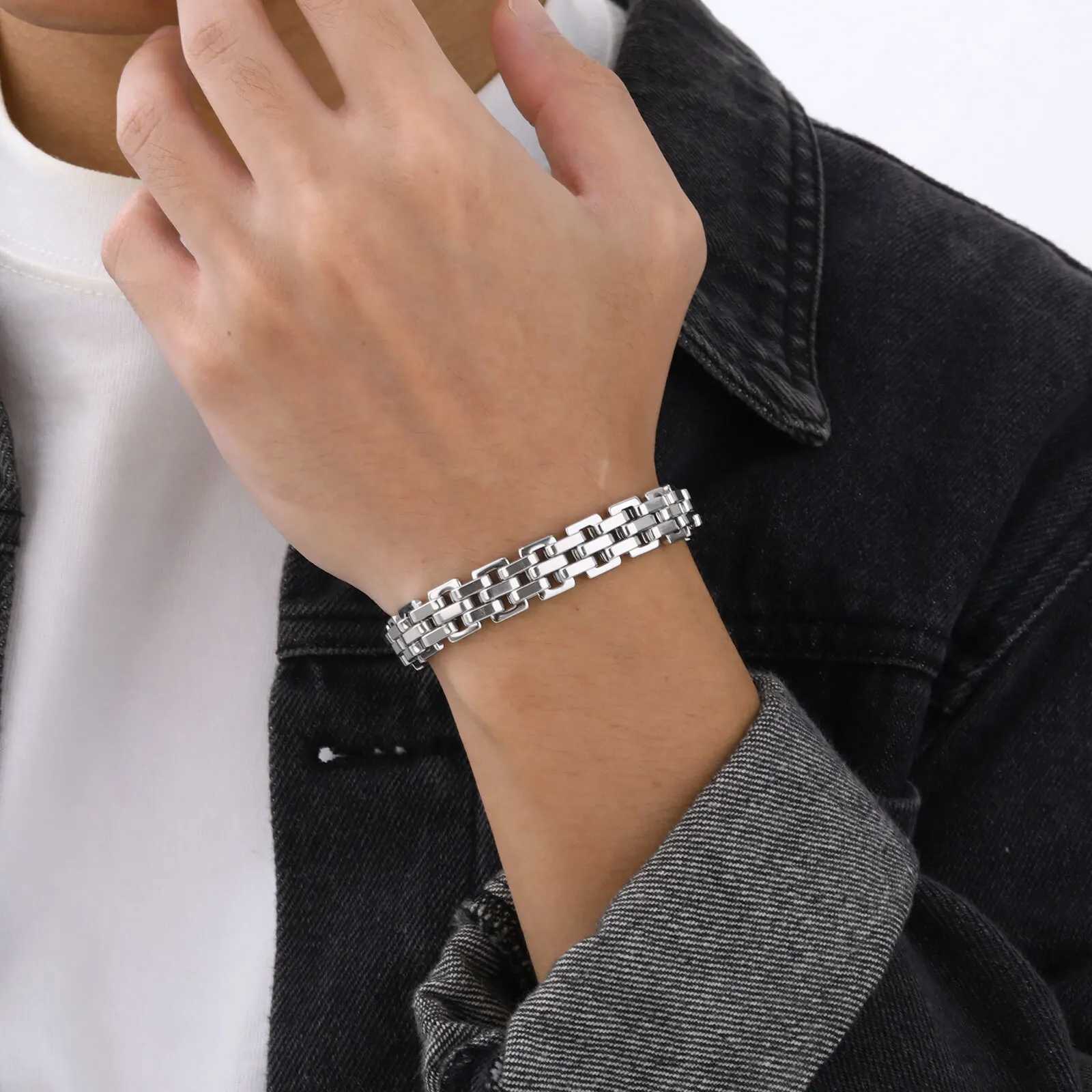 Stylish Strap Chain Boys Men Bracelets Stainless Steel Links Wristband Fathers Day Dad for birthday christmas Gift Jewelry W251206