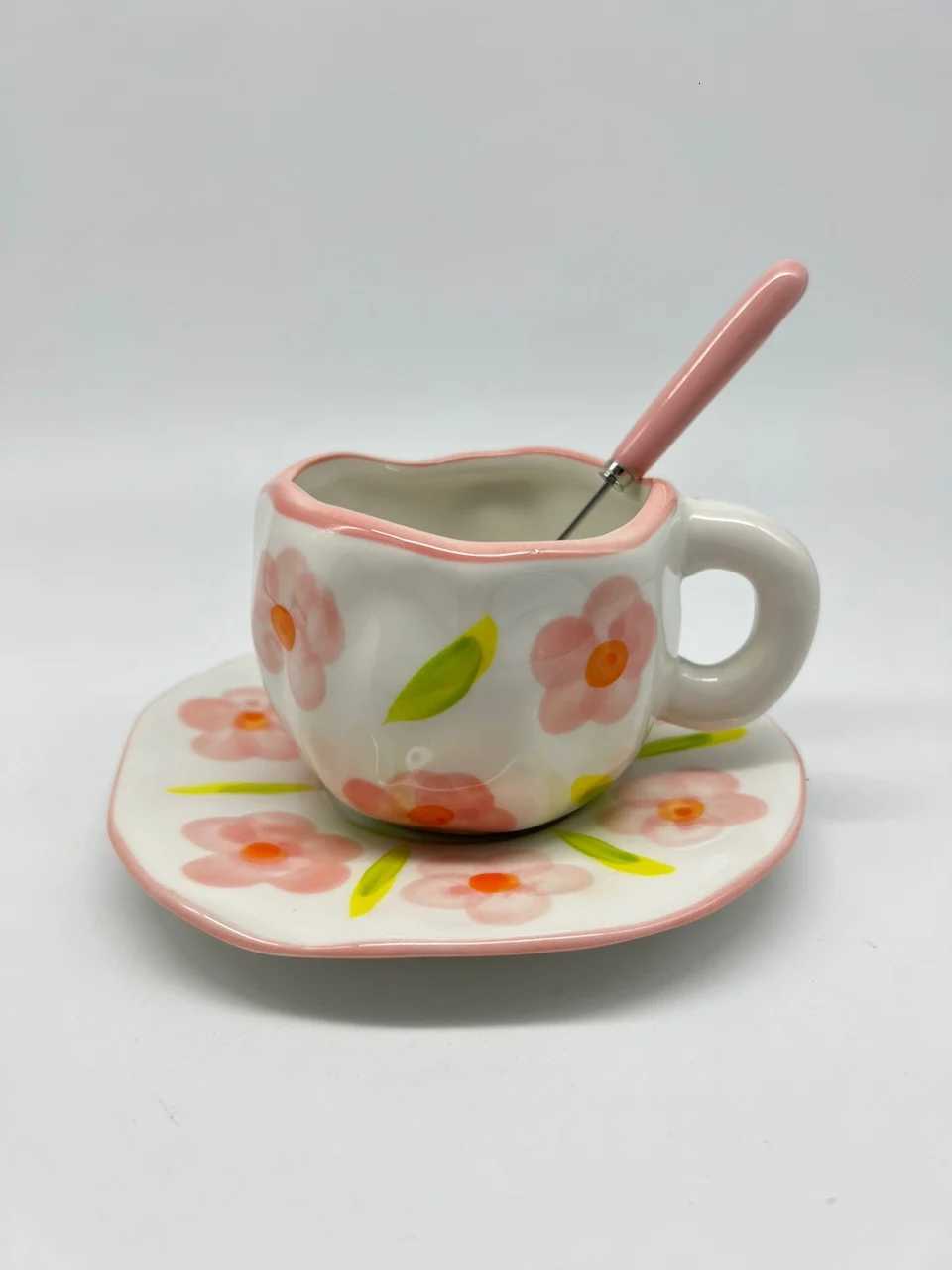 300ML 10OZ Korean Style Kawaii Cute Ceramic Mugs Handmade Flower Pattern Breakfast Coffee Milk Cup with Dish and Spoon M251206 - view 6