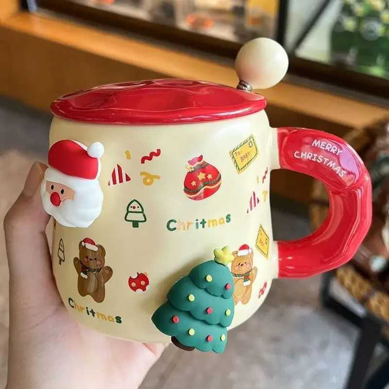 Christmas Ceramic Mug with Lid Spoon Coffee Mugs 3D Magnet Hanger High Beauty Breakfast Milk Cups Couple Water Cup Holiday Gift M251206 - view 3