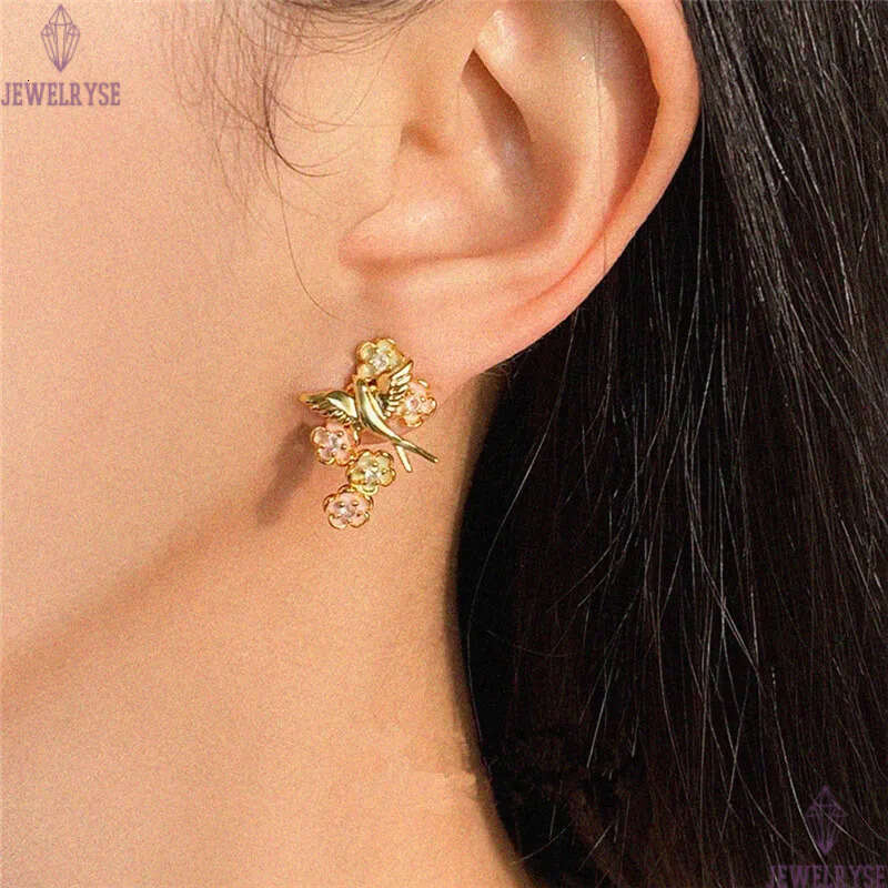 original vintage 18k gold bird flower stud designer earring for woman party travel charm earrings women ear clip jewelry S925 silver needle womens fam