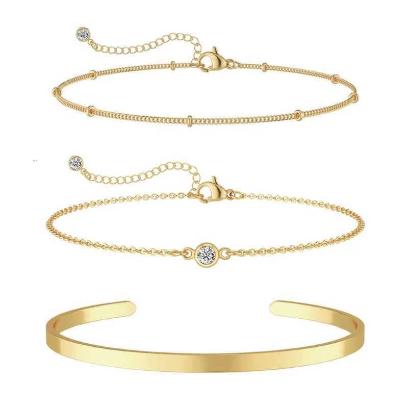 3pcs 14K Gold Plated STAINLESS Waterproof Bracelet Sets for Women Girls Snake Chain Cuban Link Cuff Bangle Stackable Bracelets W251206
