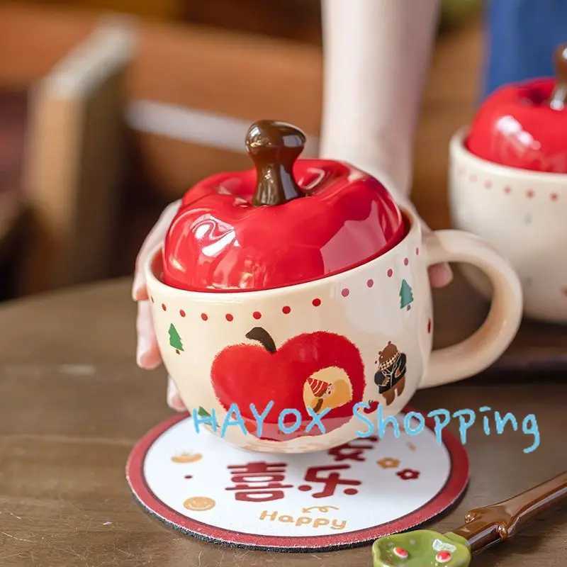 Christmas Apple Ceramic Cup Vintage Girls Apple Cup with Lid and Spoon MugChristmas Gift Coffee Couple Milk Breakfast Mugs M251206 - view 5