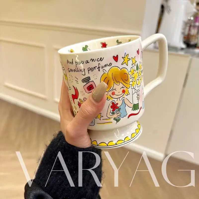 Vigorous Girls High Cup French Coffee Cup Handpainted Cute Cartoon Task Breakfast Bowl Handmade Tea Cup Saucer Set Cute Gift M251206 - view 3