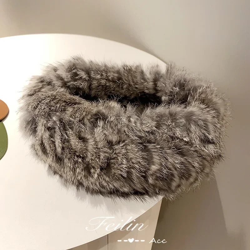 Autumn Winter Knitted Real Rabbit Fur Headband for Women Fluffy Elastic Hair Bands Ring for Ladies Hair Ties 251129