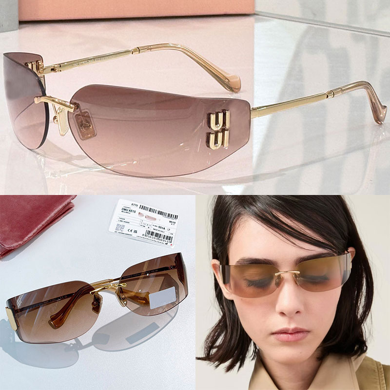 Sunglasses Designer Women Rimless Metal Sunglasses SMUA51 Light brown Curved Lens Light Gold Metal 100 UV Protection Luxury Fashion Womens Casual Sunglasses