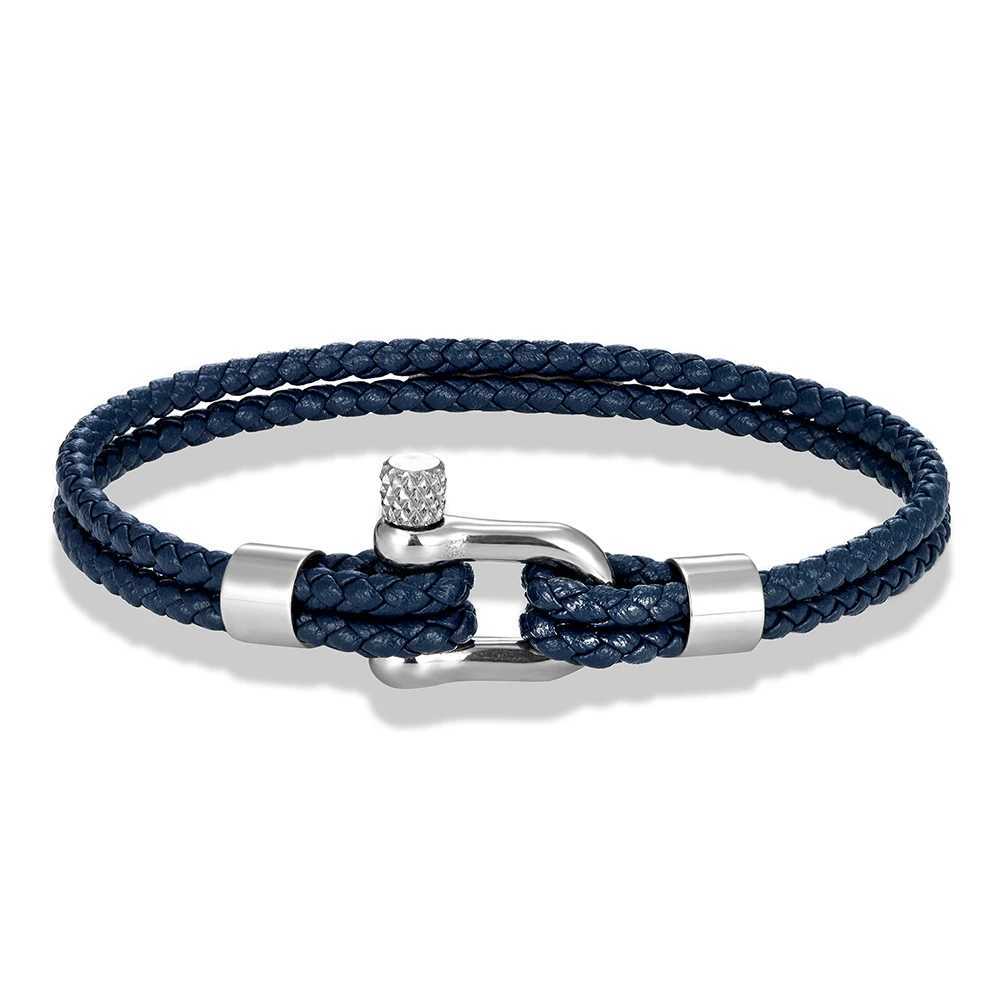 MKENDN Black Stainless Steel Shackle Bracelet Simple Double Layer Blue Leather Bracelets for Men Women Handmade Nautical Jewelry W251206