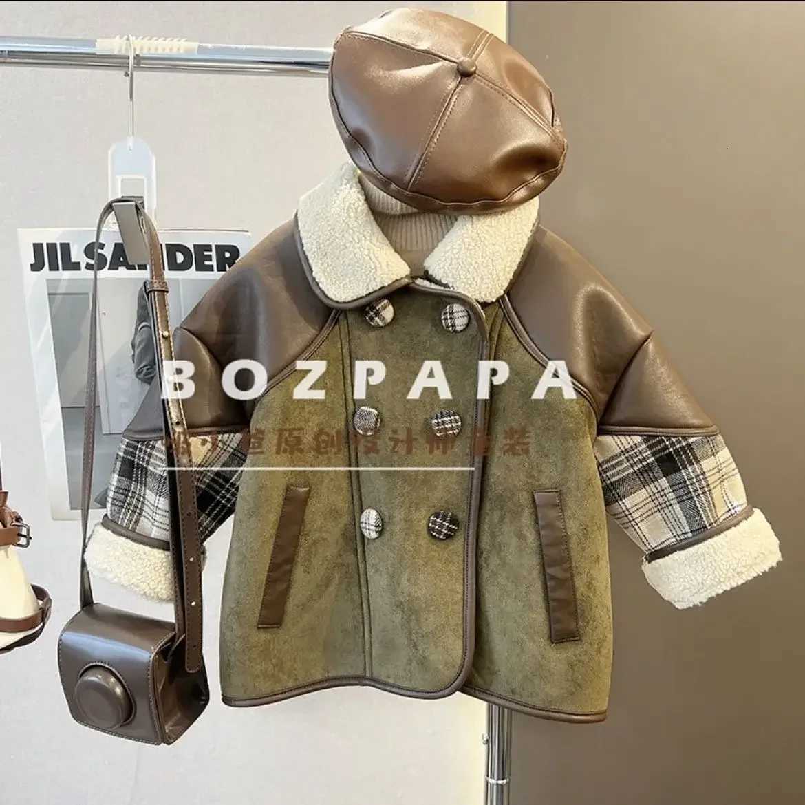 High Quality Kid Boys 2025 New Winter Thick Korean Loose Suede Pu Patchwork Plaid Jacket for Girls Fall Jacket Baby Girl ClothesW251206