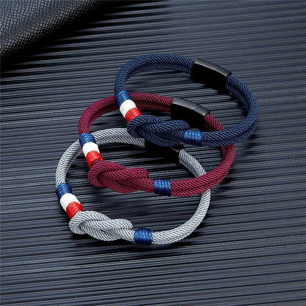 MKENDN Black Stainless Steel Square Knot Rope Bracelet Men Women Handmade Woven Double-Layer Design France Flag Couple Jewelry W251206