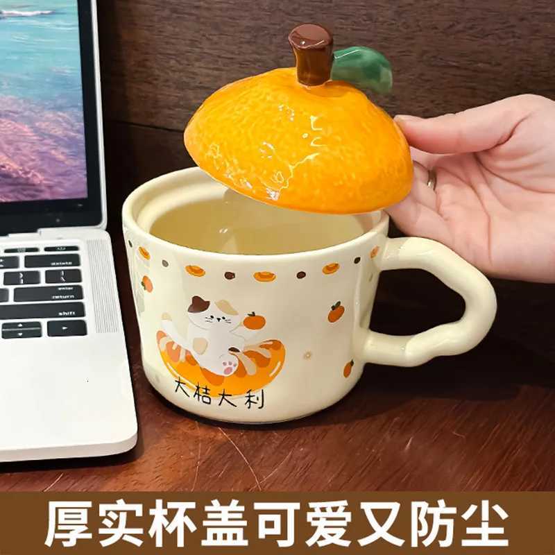 Cute Orange Cat Mug With Lid Funny Mugs Coffee Cups Breakfast Cup Personalized Gift Drinkware Cup for Tea Christmas Ceramic Beer M251206 - view 3