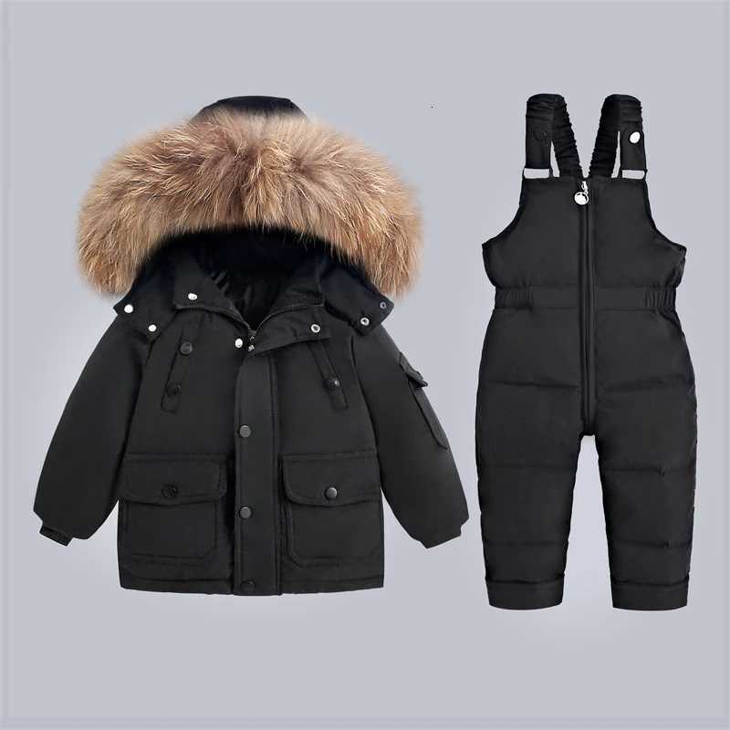 -30Degree Russia 2Pcs Set Children Winter Down Jacket and Jumpsuit Thicken Boy Girls Ski Suit Real Fur Collar Warm Kids SnowsuitW251206