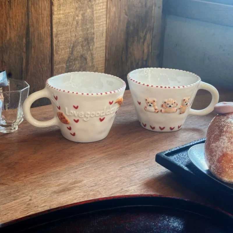 300ml Hand-drawn Ceramic MUgs Coffee Cup Hand Pinched Irregular Bear Milk Tea Cup Letter Waffle Croissant Oatmeal MUg M251206