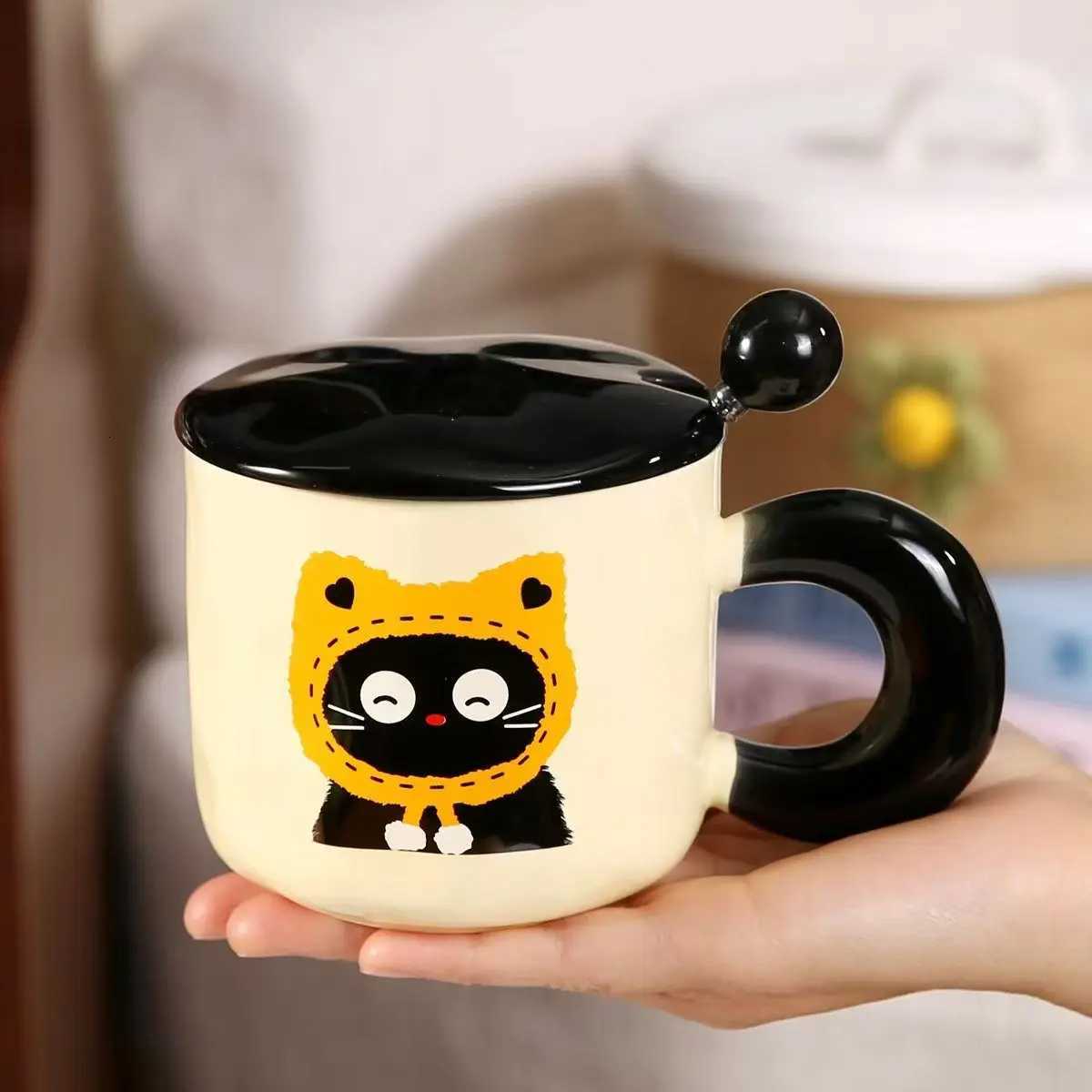 Great Birthday Gift for Girls - Adorable Ceramic Cat Mug with Lid and spoon Couples Water Cup Practical Coffee Mug M251206 - view 3
