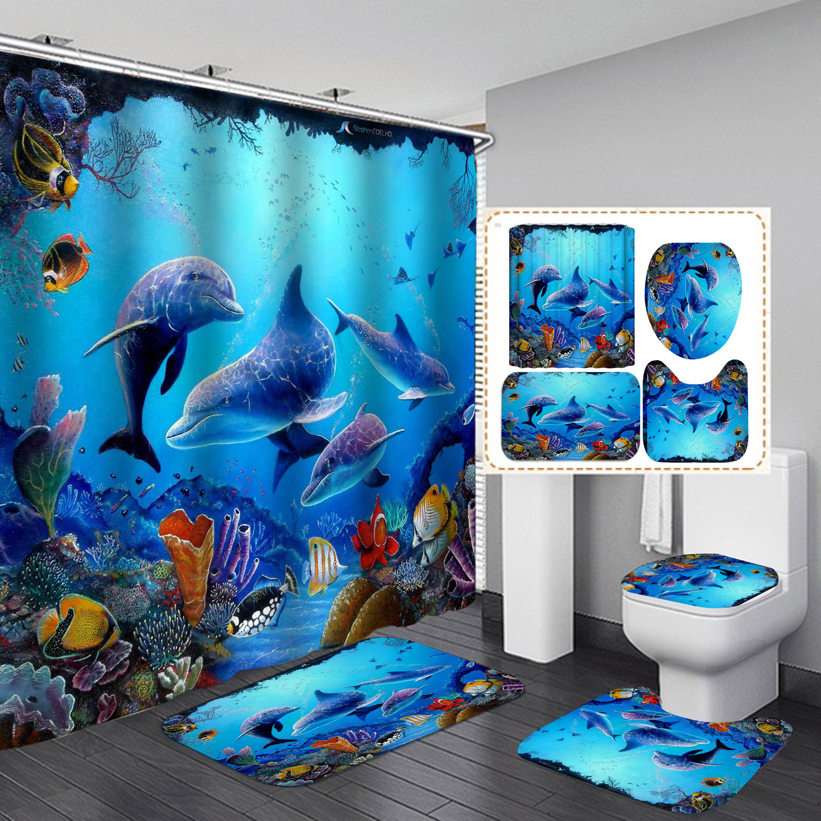 YL-37899 3D Digital Printed Shower Curtain, Waterproof, Mildew-proof, High-Definition, Personalized Marine Life Series Shower Curtain Wholesale