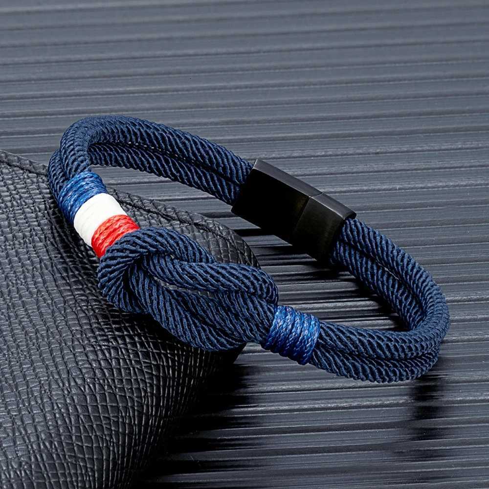 MKENDN Black Stainless Steel Square Knot Rope Bracelet Men Women Handmade Woven Double-Layer Design France Flag Couple Jewelry W251206