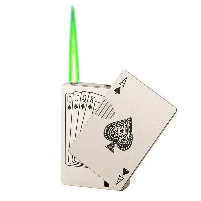 Metal Playing Cards Butane Lighter Windproof Jet Flame Ace of Spades Cigarette Lighter Fun Gift For Men Smoking Accessories H251206