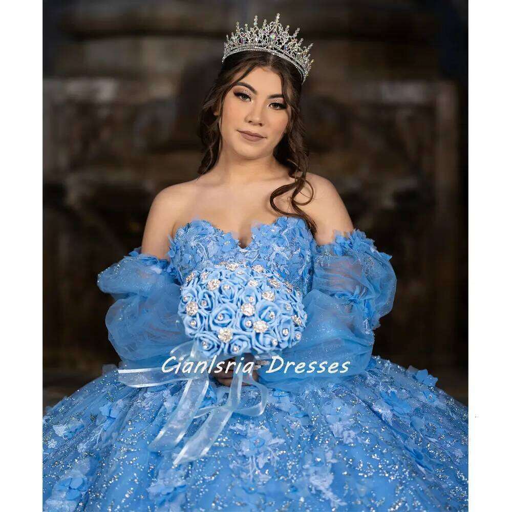 Baby Blue Long Sleeve Crystal Sequined Quinceanera Dresses Ball Gown Off The Shoulder D Flowers Corset Vestidos Para XV A os