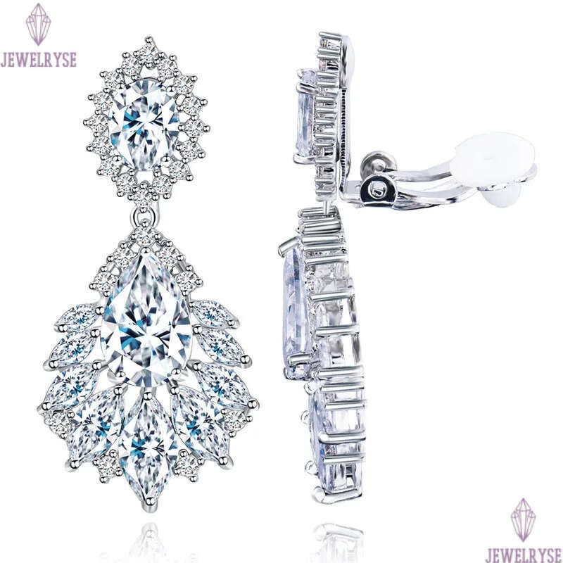 classic diamond clip on screw back earring designer for woman party AAA cubic zirconia silver dangle crystal earrings brides bridesmaid luxury wedding