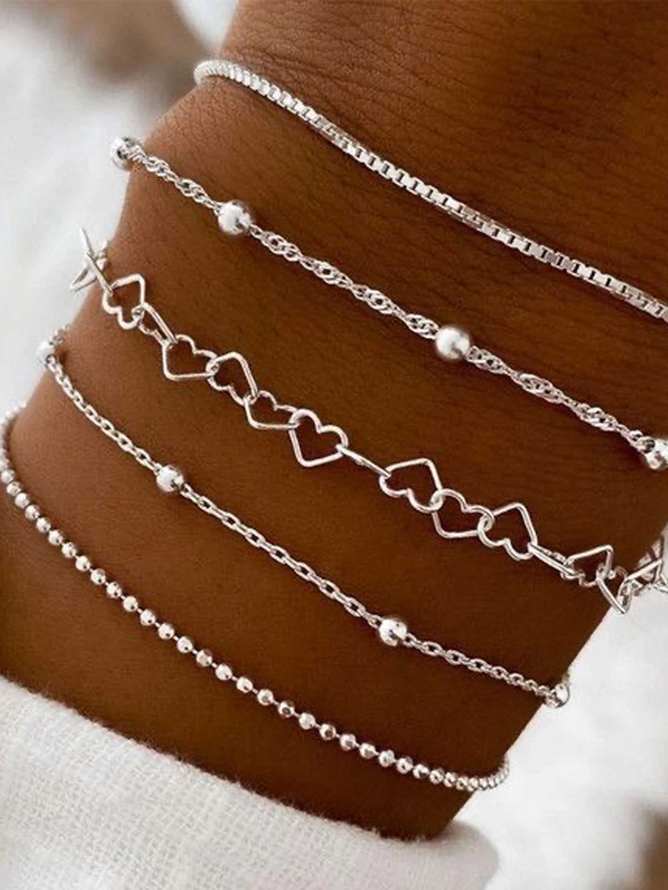 5PCS Fashion Stainless Steel Love Bead Chain Bracelet Set Commuter Elegant Leisure Accessories Neutral Accessories Stackable W251206