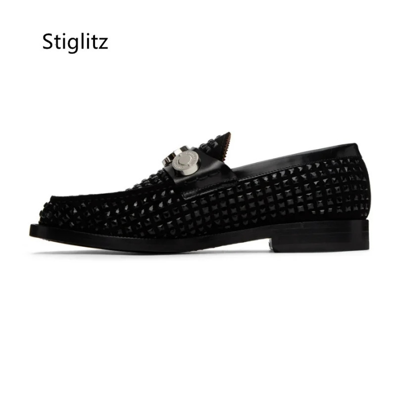 Metal Buckle Casual Mens Shoes Black Rivet Studded Flats Shoes Round Toe Slip On Loafers Genuine Leather Party Business Shoe 251204