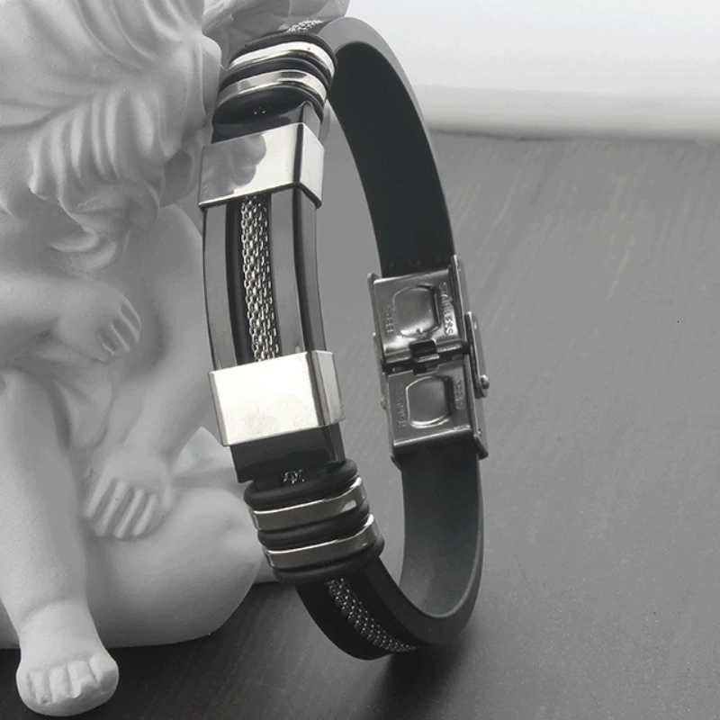 Stainless Steel Silicone Leather Bracelet For Men Sports Hand Chain Jewelry Accessories Male Gift W251206