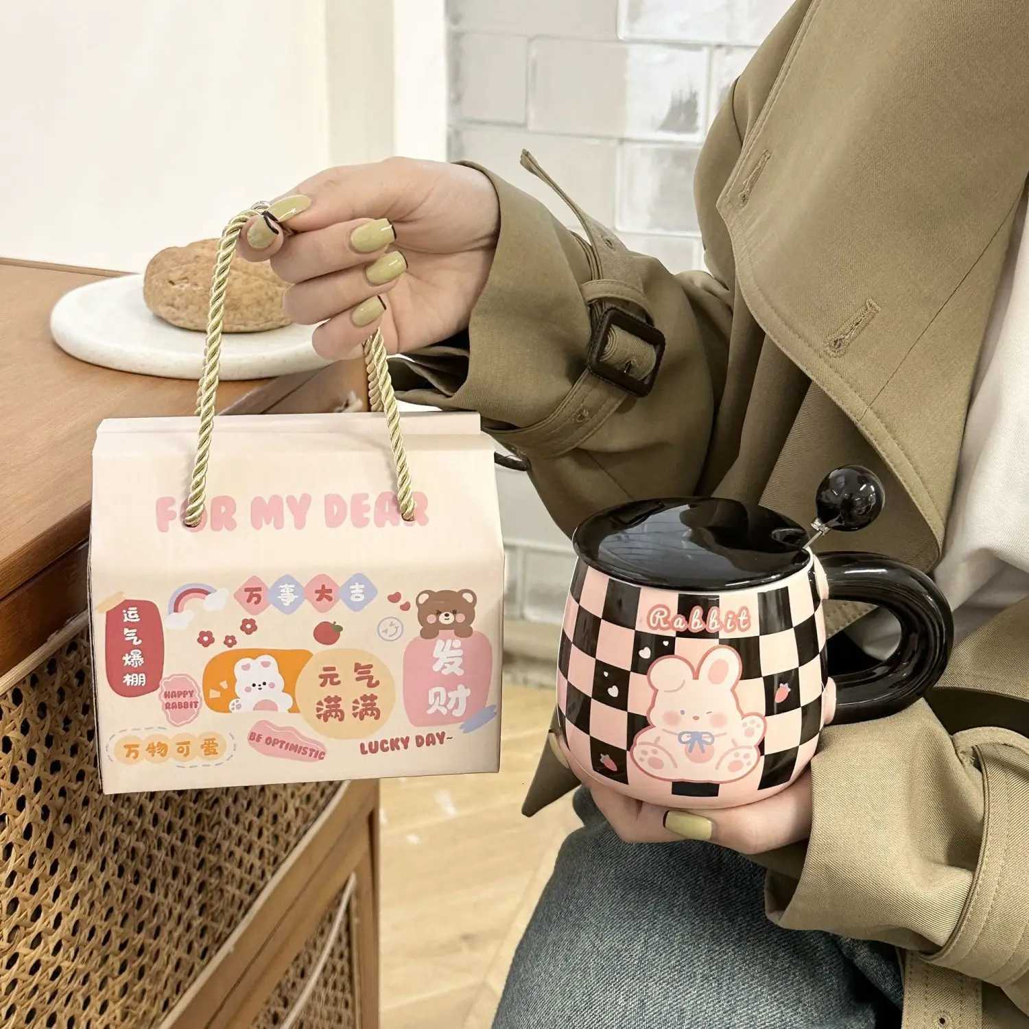 High Looks Cat Mug with Lid Spoon Rabbit Breakfast Milk Cups Ceramic Coffee Mugs Gift Box Christmas Birthday Gift Kawaii Cup M251206 - view 6