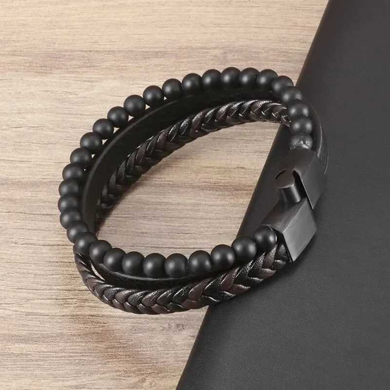 Vintage Punk Hand Woven Three Layer Leather Black Beaded Bracelet Magnetic Bracelet Clasp Mens Charm Business Event Jewelry W251206