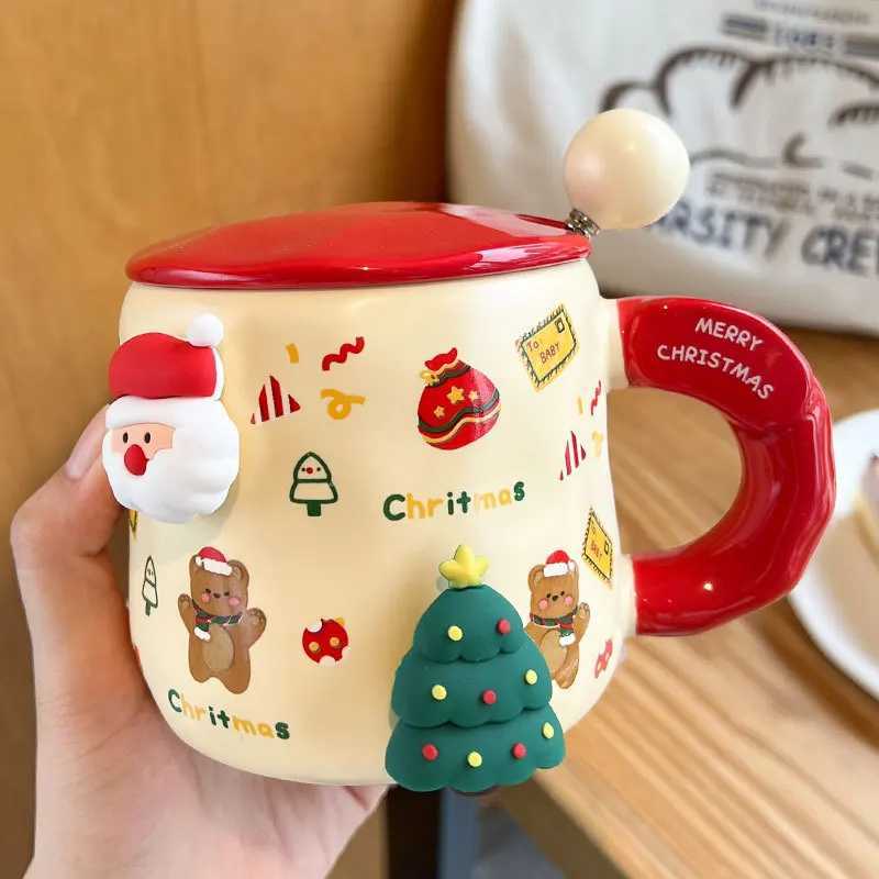 Christmas Themed MUgs with Attachment with Lid Spoon Cute Ceramic Cup for Women Couple Office Cartoon Delicate Design M251206 - view 3