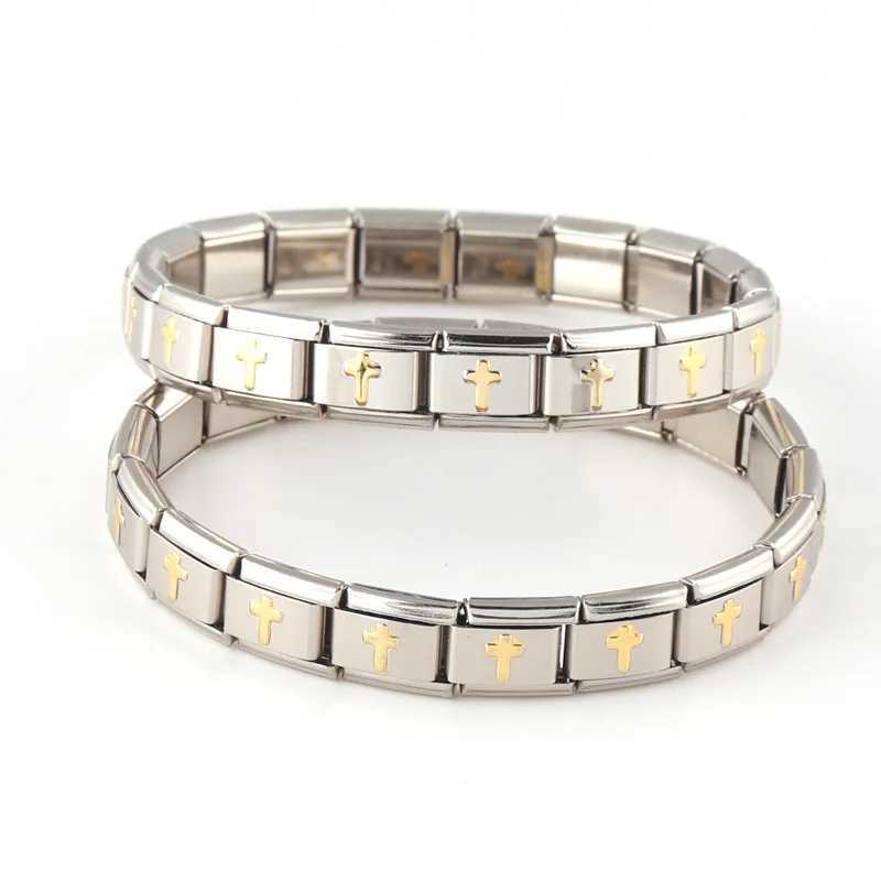 Fashion Stainless Steel Stars Cross Elastic Italian Links Charm Bracelet 9mm Width Simple Design Bangle Men Women DIY Jewelry W251206