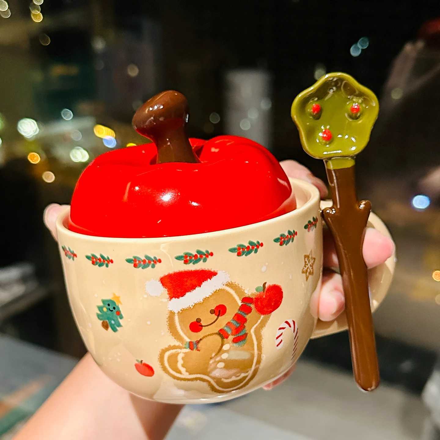 Cute Christmas Apple Ceramic Mug Gift Box with Lid Spoon Kawaii Cup High-quality Milk Coffee Mugs Birthday Gift Tea Cup420ml M251206 - view 5