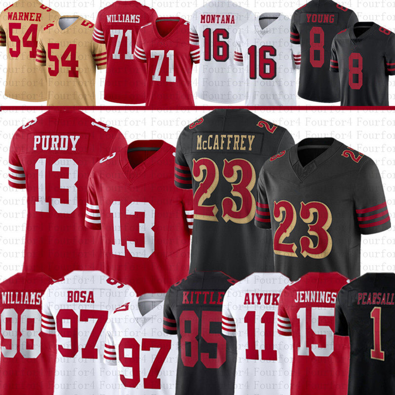 Christian McCaffrey Brock Purdy George Kittle Football Jersey Nick Bosa Ricky Pearsall Fred Warner Jerry Rice Jauan Jennings Brian Robinson Lenoir Joe Montana