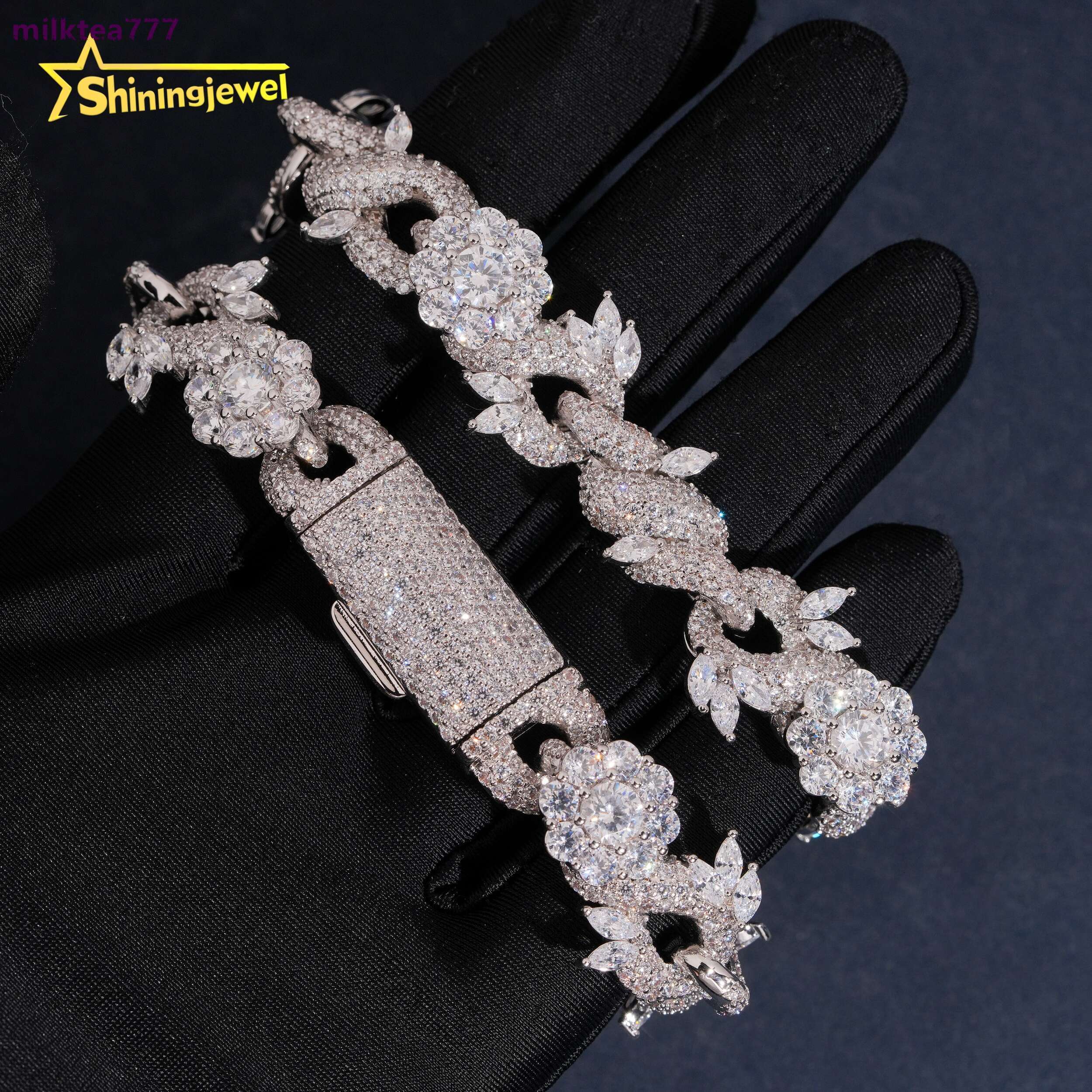 15mm Flower and Leaf Design Moisasnite Cuban Bracelet 925 Silver Moissanite Diamond Bracelet Iced Out Jewelry