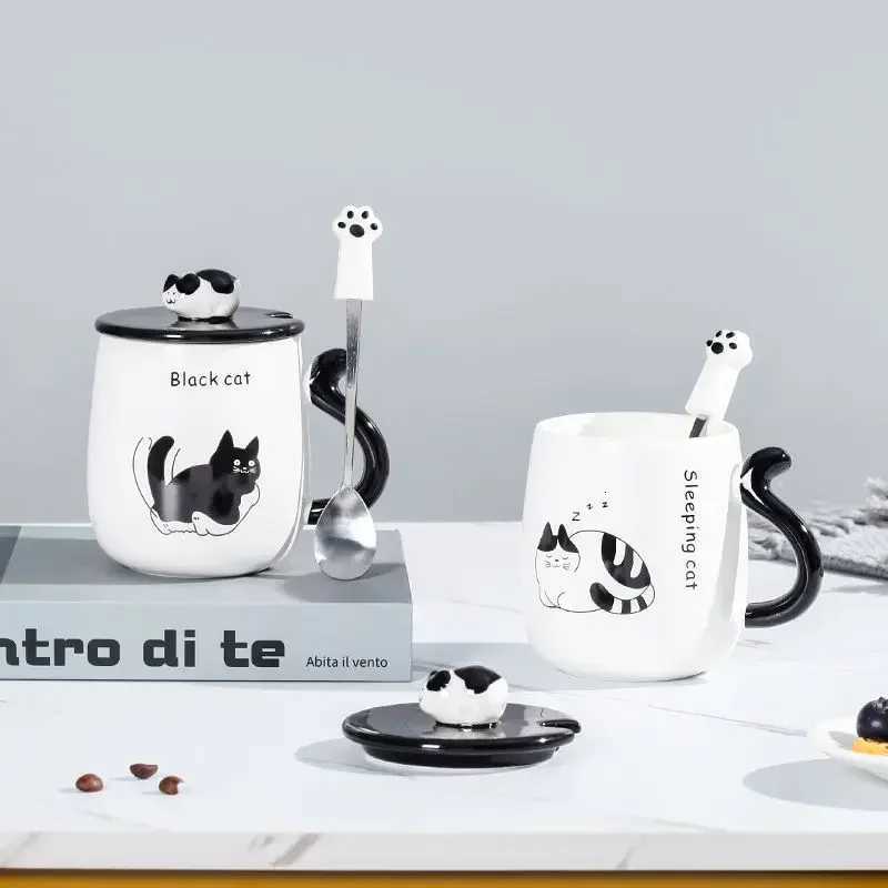 Cartoon Cat Ceramic Mug Birthday Gift Cute Coffee Cup with Lid Tail Handle Unusual Mugs Personalized Gifts Drinkware M251206 - view 6