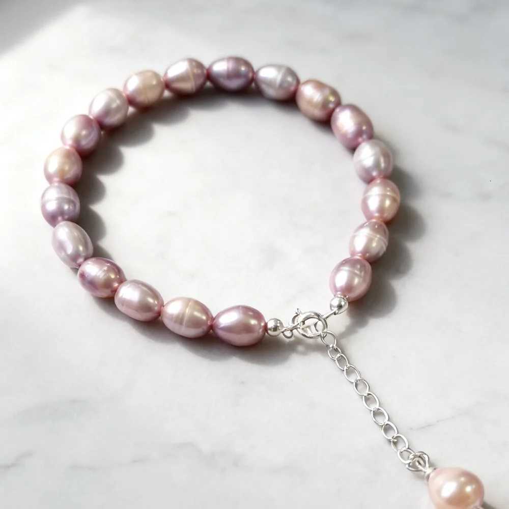 YWYC 6-7mm Rice Shape Freshwater Pearl Bracelet Pink Purple Mix Color S925 Sterling Silver Chain Womens Hand Bracelet Jewelry W251206