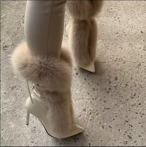 Pointed Toe Fur Mid Calf Boots Stiletto Heels Ankle Straps Fashion Warm Shoes In Winter Solid Plush Sexy Party Dress Shoes 251204