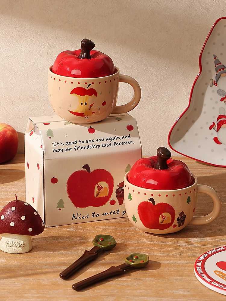 Cute Apple Mug With Lid And Spoon GirlS Cup Handheld Gift Best FriendS Birthday Gift Office Drinking Glass Cute Birthday Gift M251206