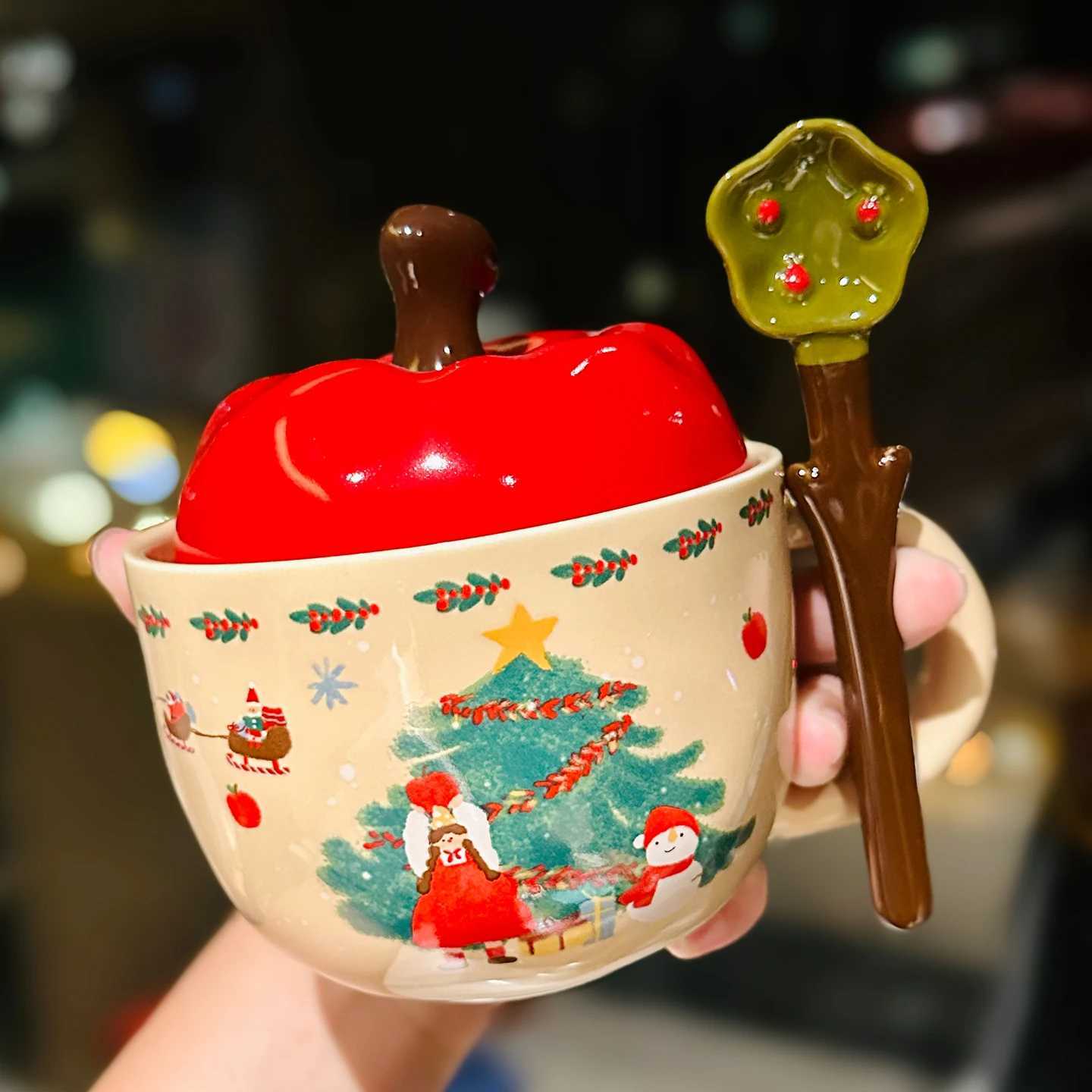 Cute Christmas Apple Ceramic Mug Gift Box with Lid Spoon Kawaii Cup High-quality Milk Coffee Mugs Birthday Gift Tea Cup420ml M251206 - view 4
