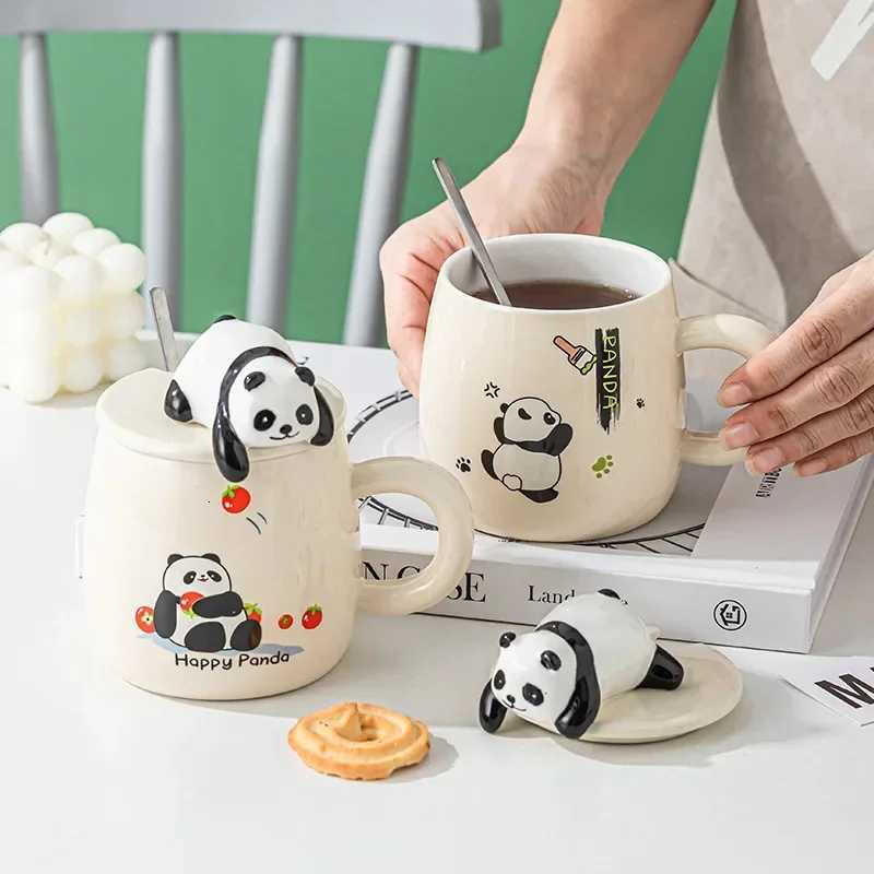 420ml Ceramic Hand-painted Panda Coffee Mug with Lid Spoon Cute Cartoon Pattern Couple Drinking Cup Gift Cup M251206 - view 4