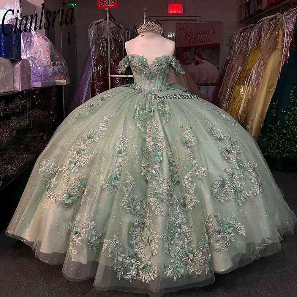 Mint Green D Flowers Bow Quinceanera Dresses Ball Gown Off The Shoulder Appliques Lace Sweet A os Mexican Customized