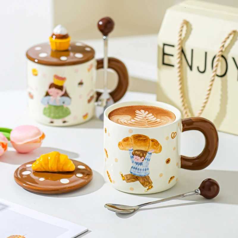 Gift Box Household Ceramic Cup Sets 400ml High Aesthetic Dessert Cartoon Character Handle Mugs Couple Cup with Scoop and Lid M251206 - view 4