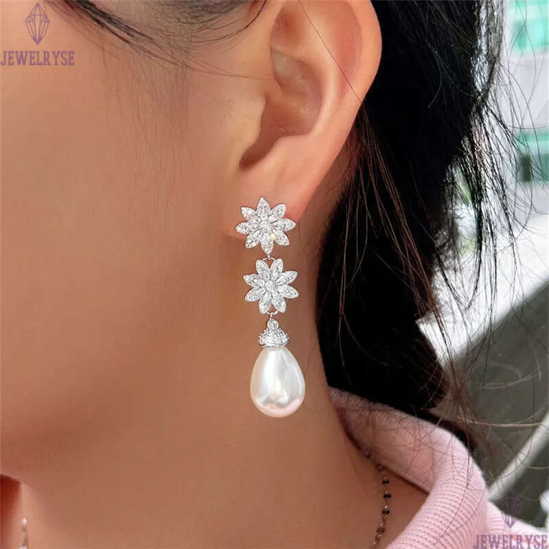 Charm Flower Imitation Pearl Designer Earring for Woman Wedding Luxury White AAA Cubic Zirconia Drop Stud Diamond Earrings S925 Sterling Silver Needle