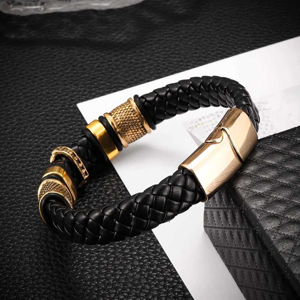 Fashion Stainless Steel Cross Bangles with Charms Chakra Men Classic Punk Leather Bracelet Male Braided Multilayer Bracelet W251206