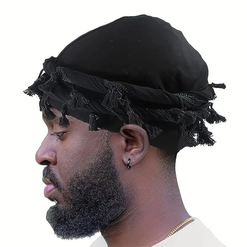 2026 Vintage Twist Head Wraps Durag With Tassel for Men Black Grey Turban Scarf Tie Boys Hair Wrap 251205
