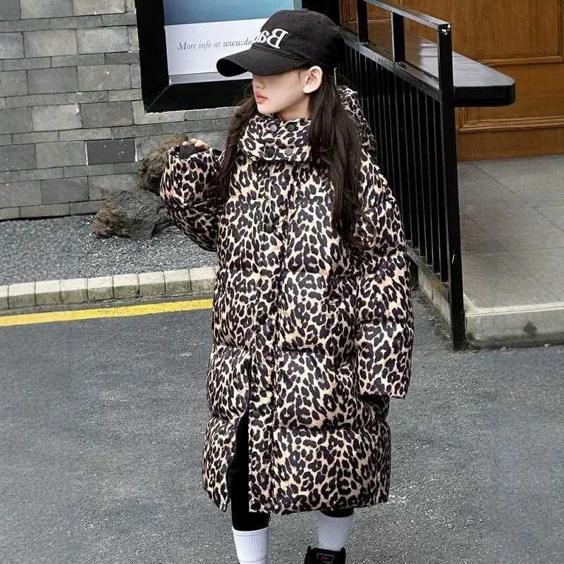2025 New Girl Leopard Print Long Down Jacket Childrens Winter Thickened Warm White Duck Down Fashion Coat TideW251206