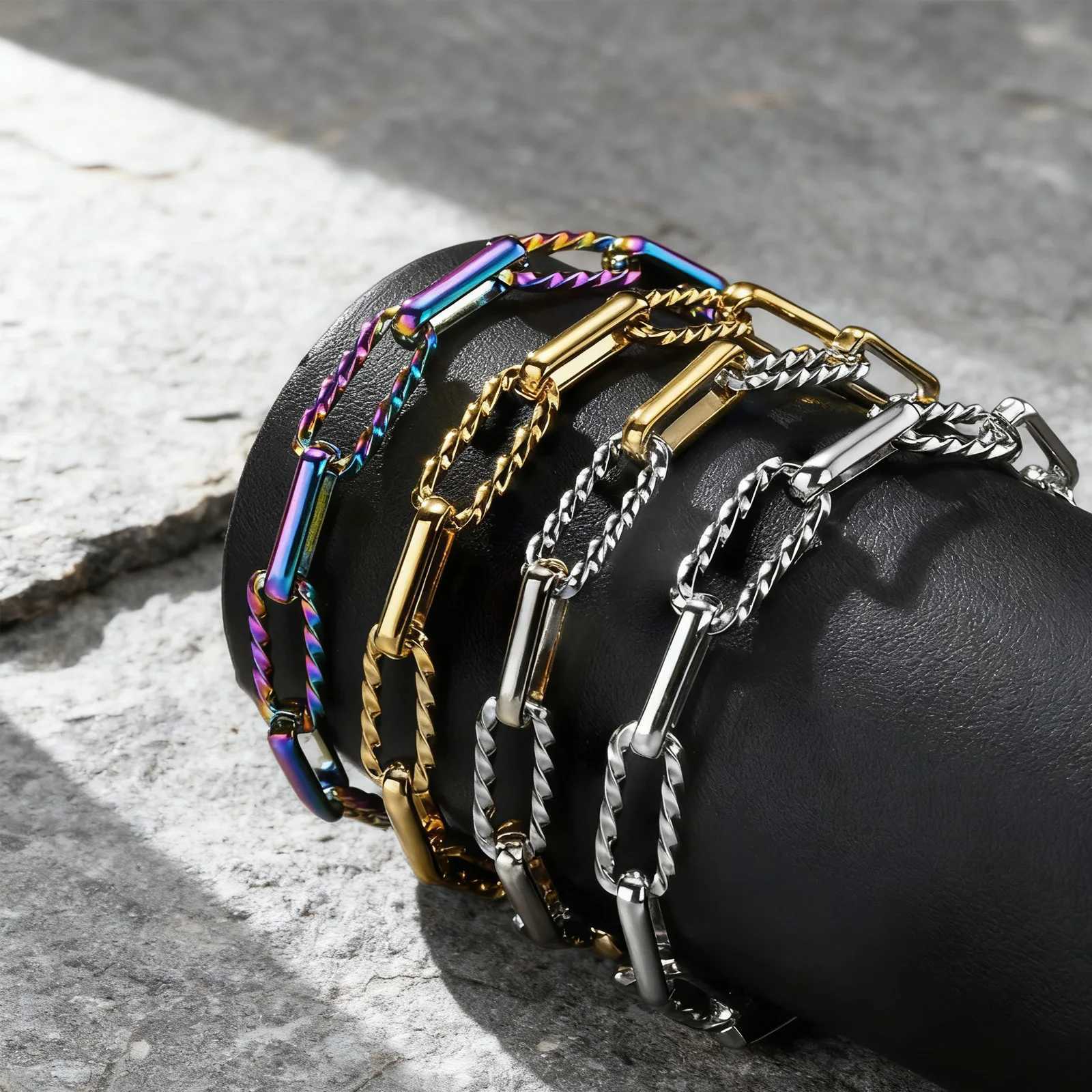 Trendy Mens Chain BraceletStainless Steel Rectangular Chain WristbandHip Hop Jewelry Gift W251206